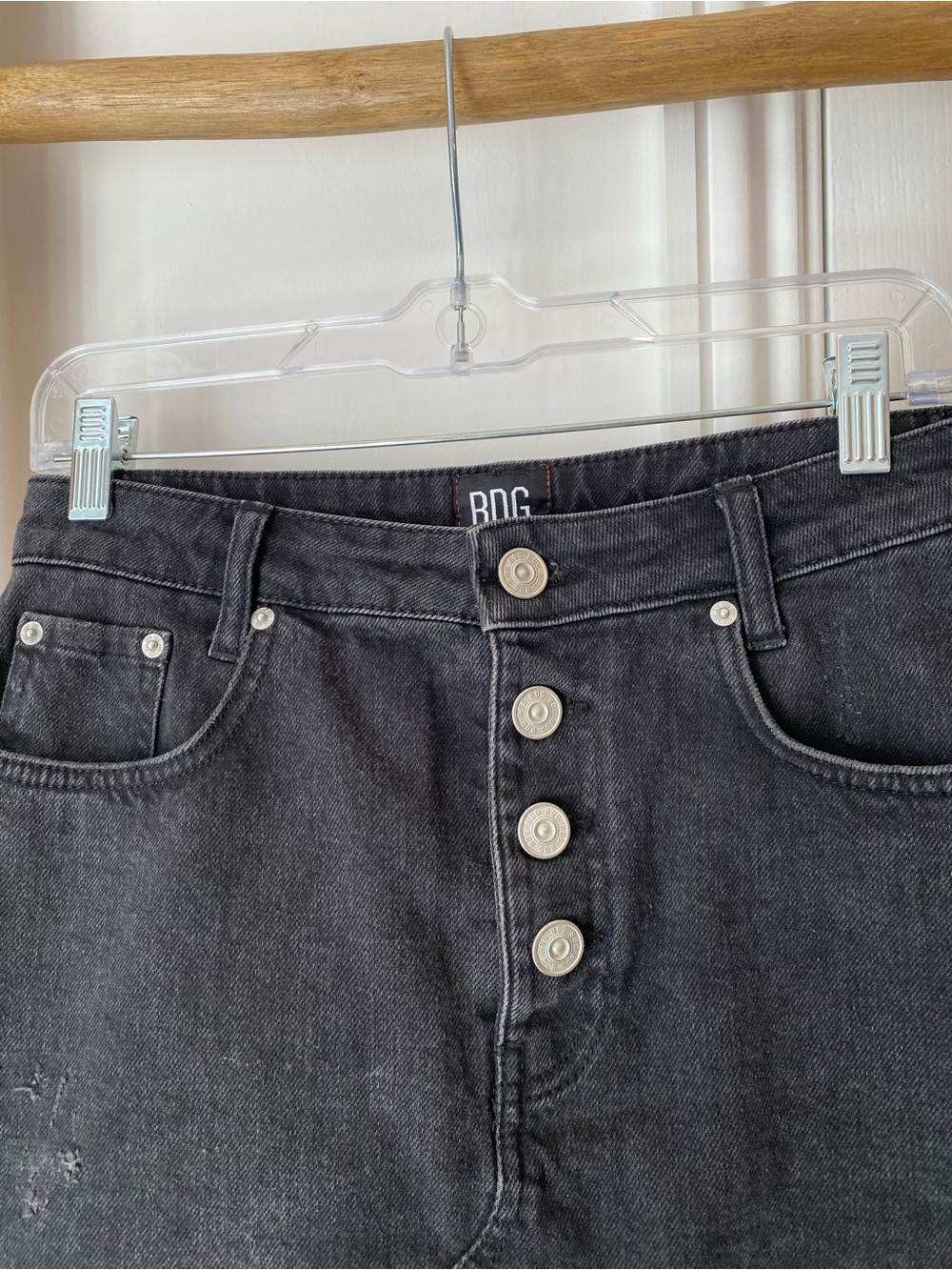 BDG Urban Outfitters Black Button-Fly Distressed Denim Mini Skirt Sz Medium - Picture 2 of 9